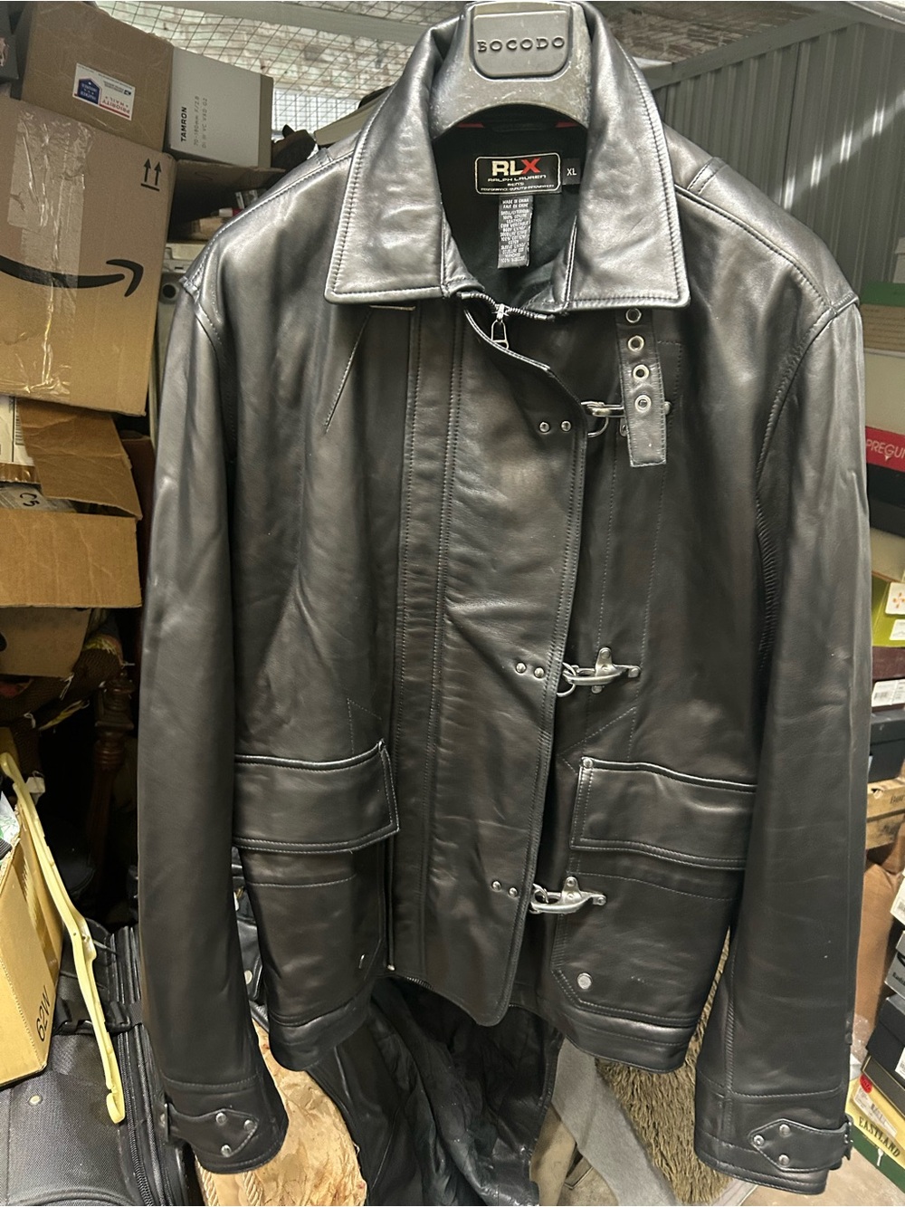 Ralph Lauren RLX Black Leather Bomber Jacket with Toggle Closures